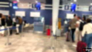 Crazy couple risks huge public airplane handjob till cum explodes close up