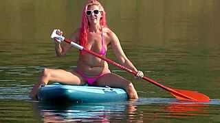 sup girl flashing pink micro bikini outdoors