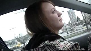 Naughty Jenny sucking cock publicly before cum swallow surprise