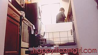 Tall Giantess Girl Ignores You Cleaning Her Kitchen on Webcam