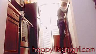 Tall Giantess Girl Ignores You Cleaning Her Kitchen on Webcam