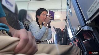 Crazy couple risks huge public airplane handjob till cum explodes close up