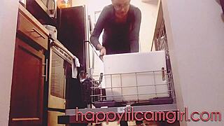 Tall Giantess Girl Ignores You Cleaning Her Kitchen on Webcam