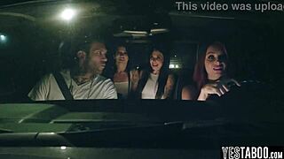 Petite redhead milf joins brunette in hairy ghost foursome rough pounding