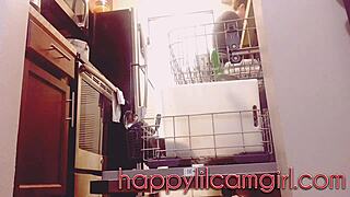 Tall Giantess Girl Ignores You Cleaning Her Kitchen on Webcam