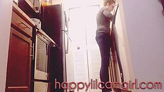 Tall Giantess Girl Ignores You Cleaning Her Kitchen on Webcam