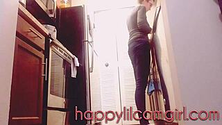 Tall Giantess Girl Ignores You Cleaning Her Kitchen on Webcam