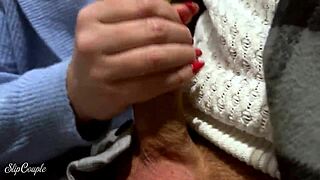 damn cute curvy blonde babe jerks huge cock under table then slurps in public toilet