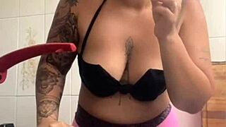 hey i'm cooking dinner for my hubby's friend knowing i'll be their halloween dessert in the kitchen flashing my big pussy lips