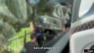 crazy bus girl strokes huge cock to messy public cumshot