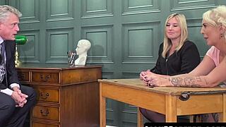 Stepmom Charlie Rae teams with Gigi Patsy to slurp principal's cock threesome