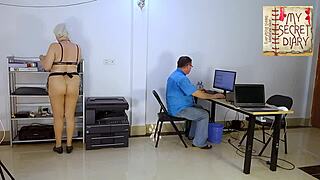 Boss dominates curvy secretary with pussy pounding and mouth blasts backstage