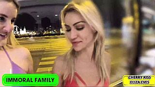 Eliza Eves teases with her juicy shaved pussy then rides huge cock bent over bedroom dripping wet