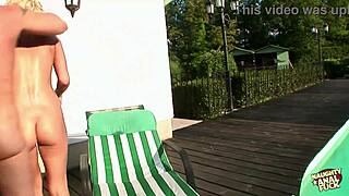 pool bench fingering leads to blonde's outdoor cowgirl anal cum tits soak