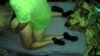 he bends her over the bed in black thong for intimate doggystyle pounding on mattress