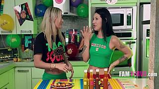 step sisters play hot sauce cum game contest with big cocks pov