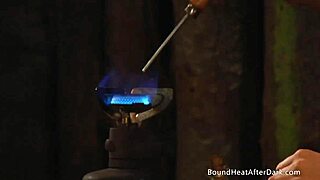 busty lesbian slave bound tight as mistress brands big tits dominant