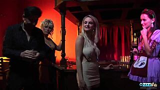 Thick cock satisfies three moaning babes riding hard in group frenzy