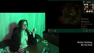 Curvy brunette with huge natural tits strips naked in castle game playthrough