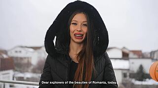 Laura quest flashes braces tits in snowy public tease with neighbors watching her suck and fuck