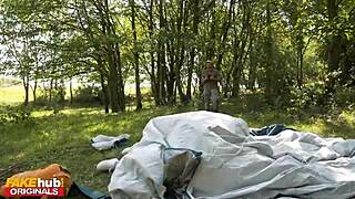 thick blonde teen rides older guy socks on during sneaky camping sex