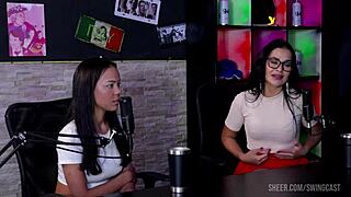 Pri Melancia swings with Tifany Rocha and Alice Vasconcelos in red sheer cast