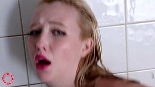 Samantha Rone teases her wet milf pussy lips in shower pounding big toy rough lingerie orgasm.