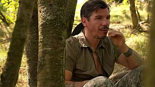 thick blonde teen rides older guy socks on during sneaky camping sex