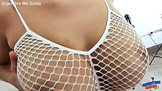 Huge natural titted Latina gapes meaty pussy wide