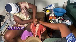 naughty black milf couple spreads juicy trimmed pussy during home nail play