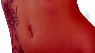 big tits blonde babe strips lingerie exposing pussy inked milf poses naked