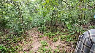 Thai girl mushroom picks then squats peeing desperately in forest