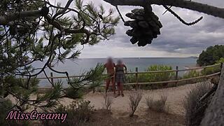 french girl on beach strokes my flashing cock till mouth cumshot caught on cam