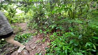 Thai girl mushroom picks then squats peeing desperately in forest