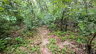 Thai girl mushroom picks then squats peeing desperately in forest