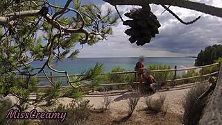 french girl on beach strokes my flashing cock till mouth cumshot caught on cam