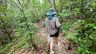 Thai girl mushroom picks then squats peeing desperately in forest