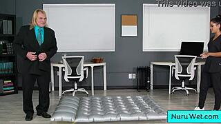 that ebony masseuse nina white with huge natural tits slides her wet body over evan stone in steamy nuru session.