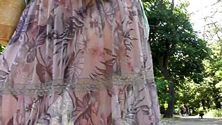 hairy mature lifts see-through skirt outdoors flashing chubby pussy upskirt style