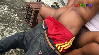 Ebony chubby girlfriend rides big black cock in outdoor threesome creampie orgy