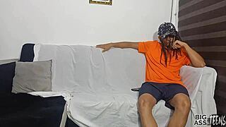 innocent teen sneaks anal assfucking with uncle on sofa while stepmom almost catches us riding big cock