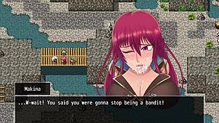 fallen makina kneels bound begging bandit leader with throat pussy submission ending in huge facial explosion