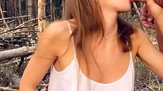 hey check out this horny blonde babe sucking dick deep then fucking rough in the forest!