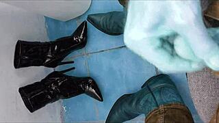 hot piss dripping down her ass in shiny ankle boots