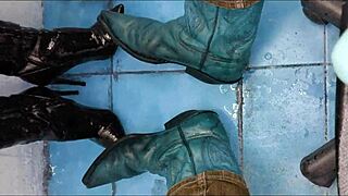 hot piss dripping down her ass in shiny ankle boots