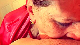 suggestive granny in corset fishnets rides cougar style sucking fat cock with blue eyes moaning