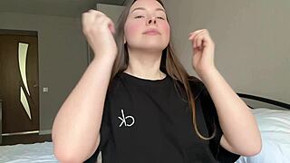 Hey cutie in black t-shirt fingers her tight pussy hard and cums