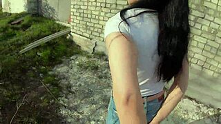 he sneaks her behind the garages for a risky pov blowjob swallowing every drop