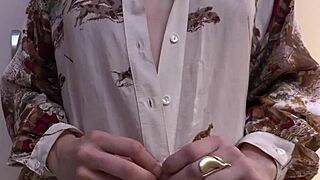 Aussie brunette squats on bathroom floor fingering her hairy pussy solo