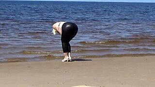 Big Leather Ass Struts Beach in Heels, Mature Milf Teases Nature